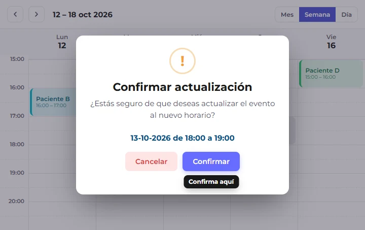 Aviso «Confirmar actualización» con la fecha y la hora nuevas y los botones Confirmar y Cancelar