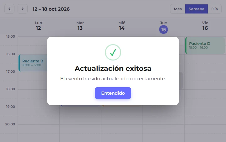 Aviso verde «Actualización exitosa»