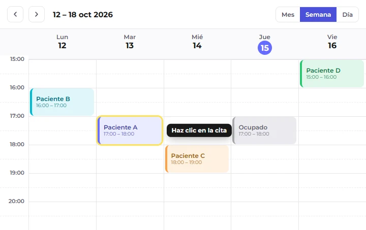 Calendario de Sanidalia con varias citas; una de ellas está marcada para hacer clic