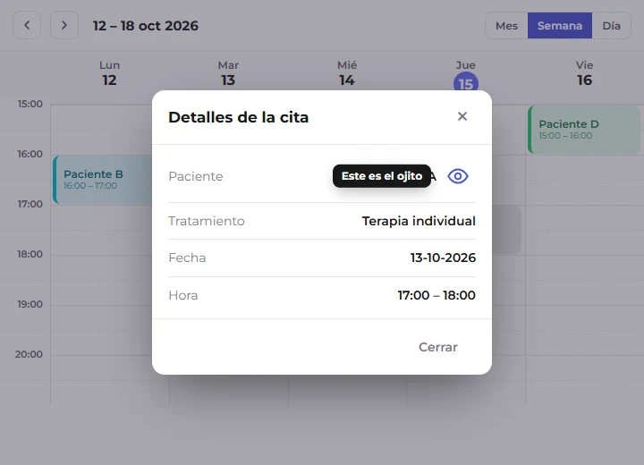 Ventana con los detalles de la cita y el ojito junto al nombre del paciente marcado