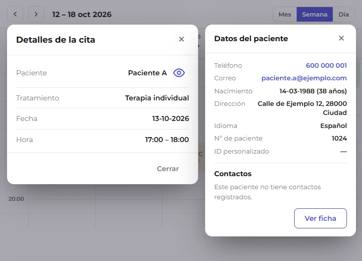 Tarjeta «Datos del paciente» abierta al lado de la ventana de la cita