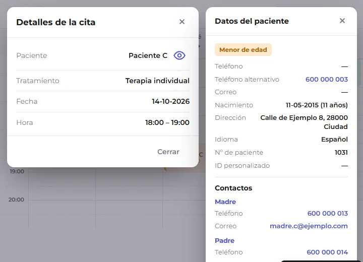Tarjeta de un paciente menor de edad con la etiqueta «Menor de edad», el bloque Contactos y el botón Ver ficha