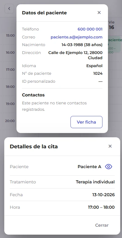 En pantalla estrecha, la tarjeta «Datos del paciente» aparece encima de la ventana de la cita