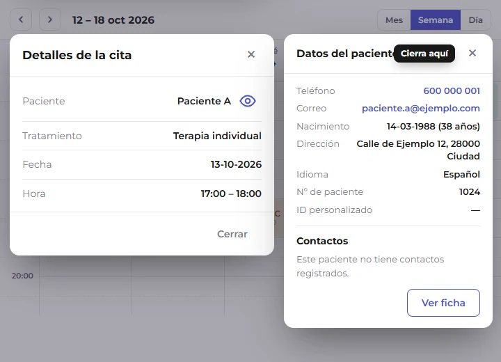 Tarjeta «Datos del paciente» con la X de cerrar marcada arriba a la derecha