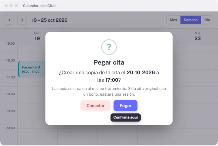 Ventana «Pegar cita» que pide confirmar el día y la hora