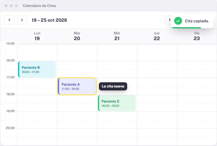 Calendario con la cita nueva ya pegada y el aviso «Cita copiada»