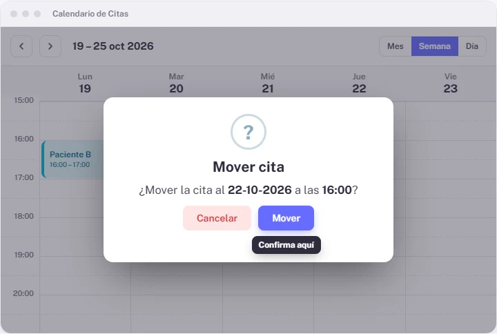Ventana «Mover cita» que pide confirmar el movimiento