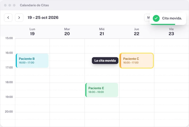 Calendario con la cita movida a su nuevo día y el aviso «Cita movida»