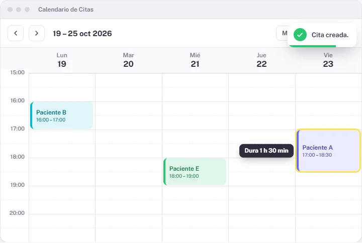 Calendario con la cita nueva de hora y media y el aviso «Cita creada»