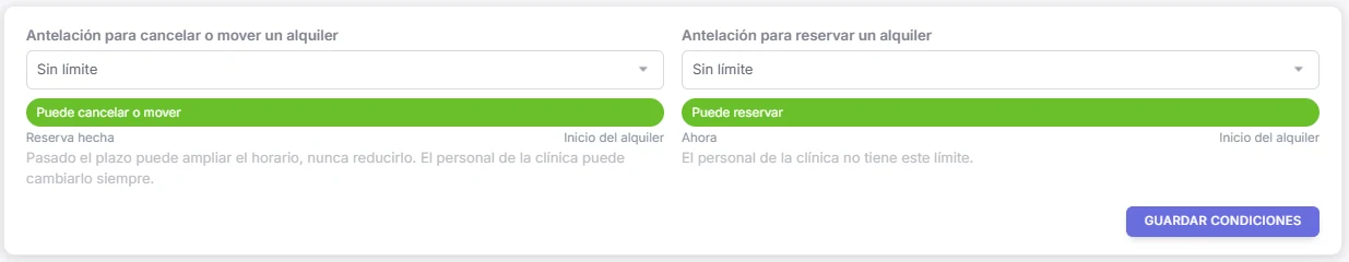 Condiciones: antelación para cancelar o mover y para reservar un alquiler