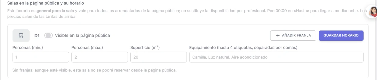 Sala D1 con Visible en la página pública y Añadir franja
