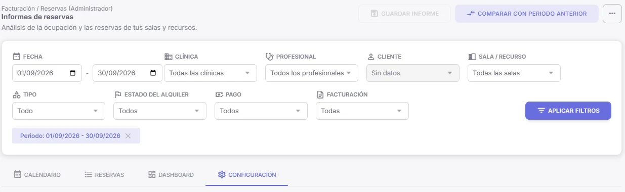 Informes de reservas con los filtros de clínica, profesional, sala y estado del alquiler