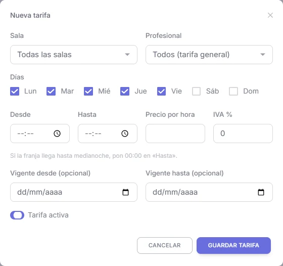 Captura real de Sanidalia: ventana Nueva tarifa
