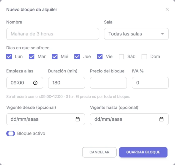 Ventana Nuevo bloque de alquiler con nombre, sala, días, hora de inicio y duración