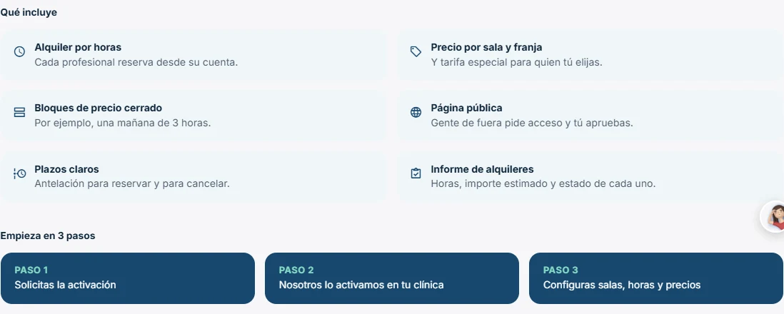 Pantalla del módulo Alquiler de salas con Qué incluye y Empieza en 3 pasos