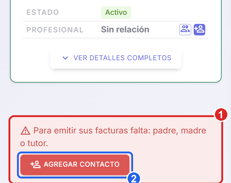 Ficha de un menor de demostración con el aviso rojo «Para emitir sus facturas falta: padre, madre o tutor» y el botón Agregar contacto
