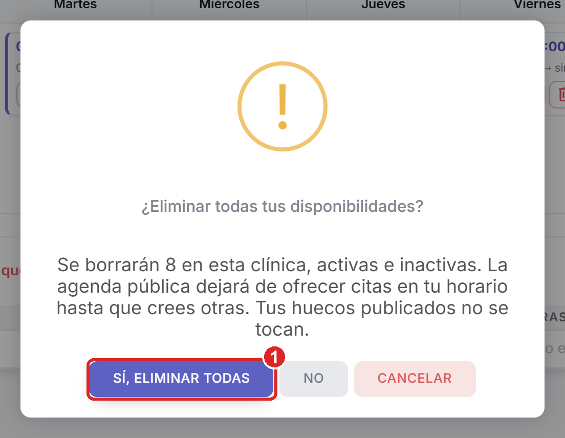 Aviso que pregunta si eliminar todas tus disponibilidades, con el botón Sí, eliminar todas marcado