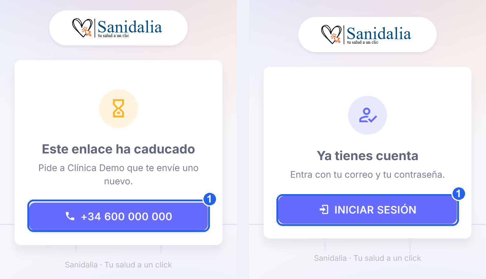 Pantalla del móvil del paciente sin correo en su ficha, con el teléfono de la clínica, y la de un paciente que ya tiene cuenta, con el botón Iniciar sesión
