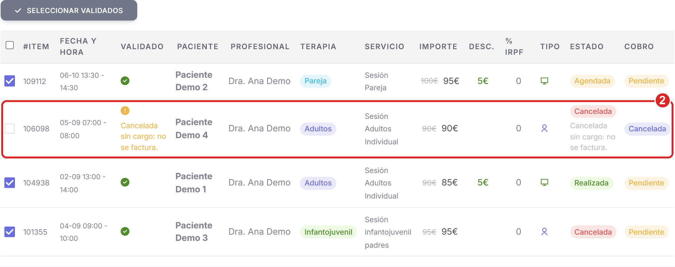 Lista de citas de Factura en Bloque: una cita cancelada sin cargo con la casilla apagada y el motivo Cancelada sin cargo: no se factura