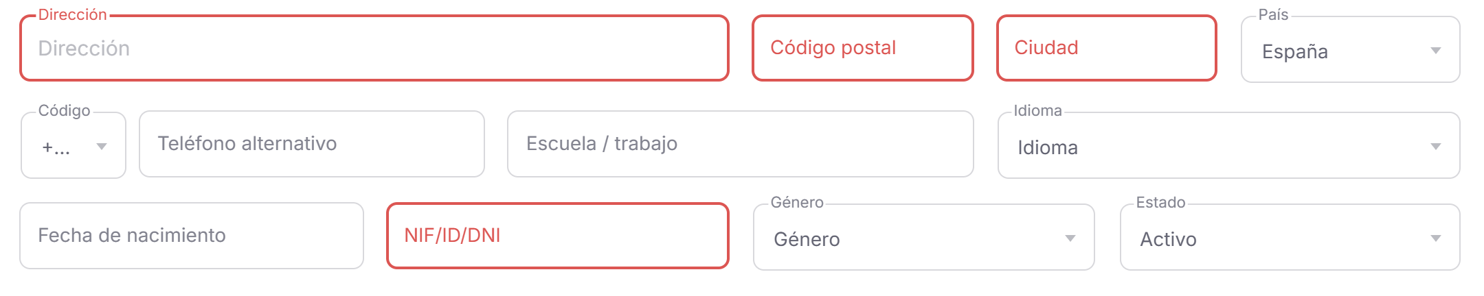 Formulario de la ficha del paciente con dirección, código postal, ciudad y NIF marcados en rojo