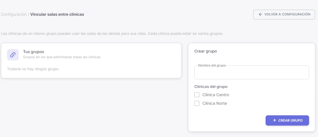 Pantalla Vincular salas entre clínicas con el cuadro Crear grupo vacío