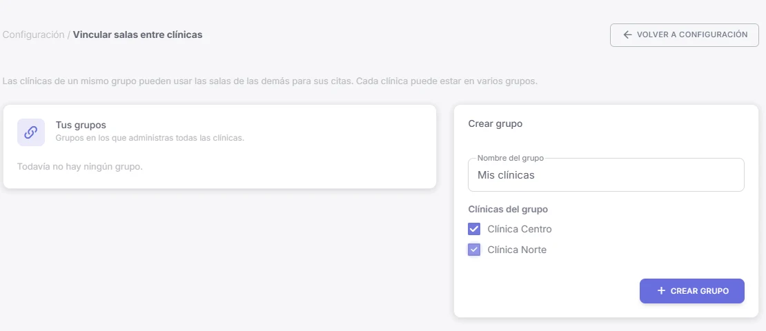Cuadro Crear grupo con el nombre escrito y las dos clínicas marcadas