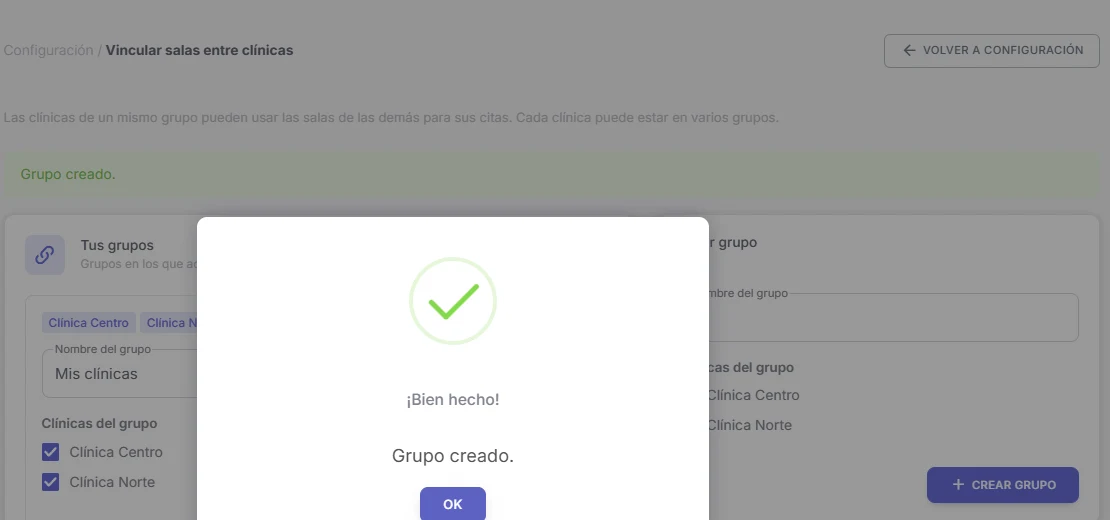 Aviso Grupo creado con el botón OK