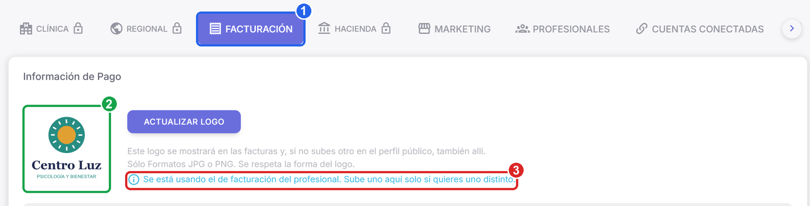 Pantalla Facturación de la clínica con el aviso Se está usando el de facturación del profesional