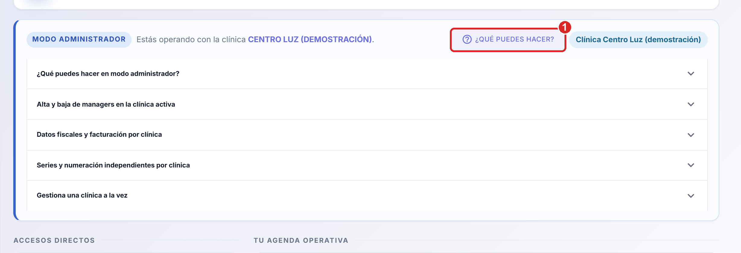 Recuadro Modo administrador con la lista de cinco apartados de ayuda desplegada y el botón ¿Qué puedes hacer? marcado