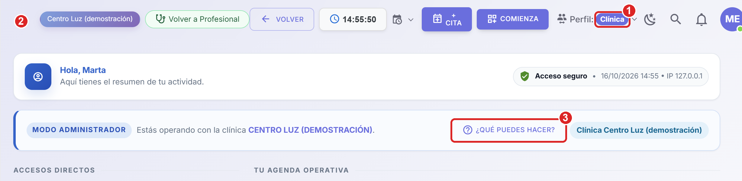 Parte de arriba del Inicio con el perfil Clínica: fondo lila suave, insignia lila intensa con la palabra Clínica y el botón ¿Qué puedes hacer? marcado