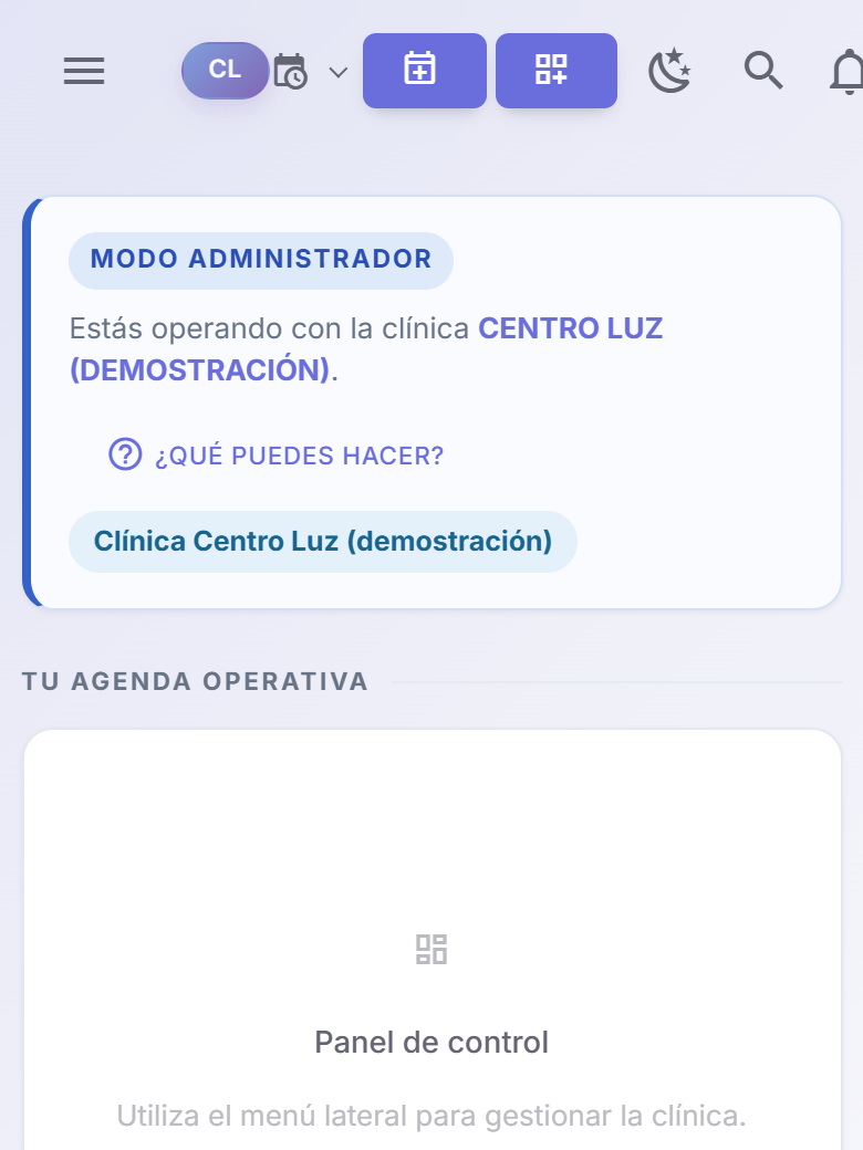 Inicio en el móvil con el perfil Clínica: fondo en degradado lila y el botón ¿Qué puedes hacer?