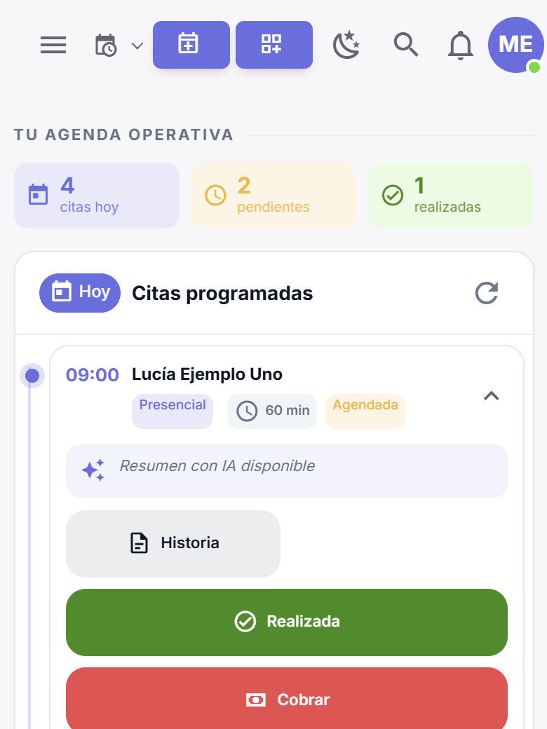 Inicio en el móvil con el perfil Profesional: fondo gris liso