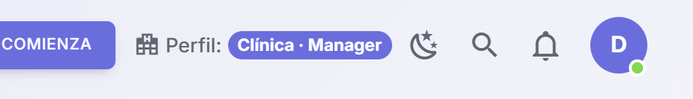 Barra superior con Perfil: Clínica · Manager, sin desplegable