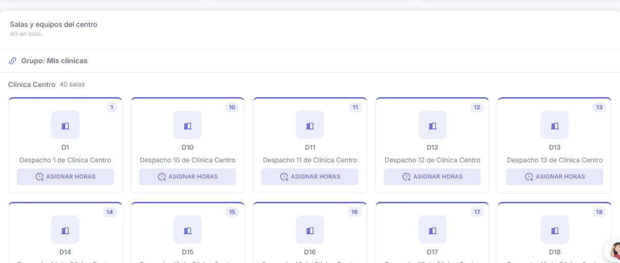 Pantalla Salas y equipos con el título Grupo: Mis clínicas y las salas de la clínica