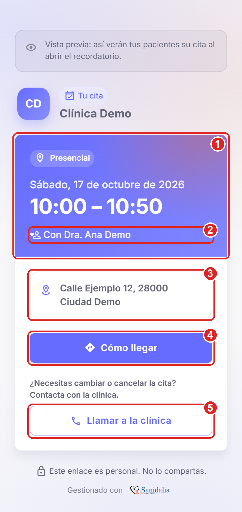 Página Tu cita vista en el móvil: fecha, hora, profesional, dirección, botón Cómo llegar y botón Llamar a la clínica